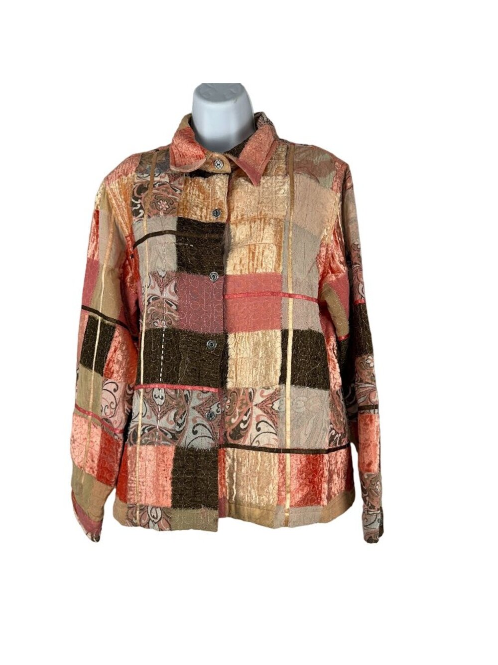 Multiples Womens Patchwork Button-Up Blouse Size M Rayon Blend Quilted Texture